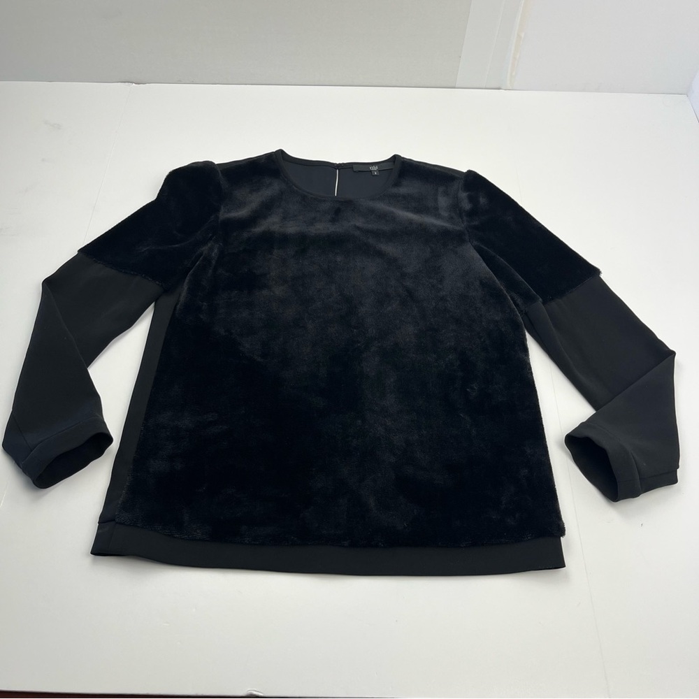 Tibi Black Faux Fur Long Sleeve Top Womens Size 2‎ Long Sleeve Popover Office